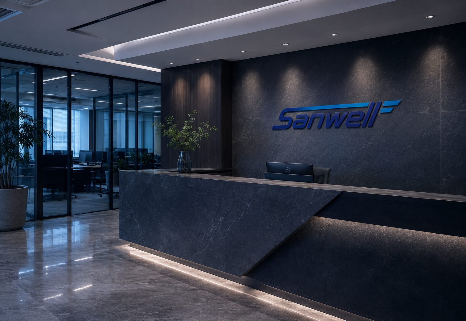 SANWELL LOGISTICS office reception with the SANWELL LOGISTICS logo on the wall