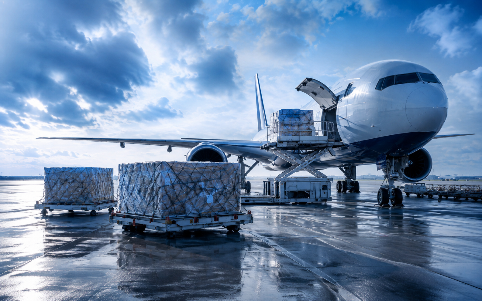 Cargo aircraft being loaded with air freight pallets on the tarmac