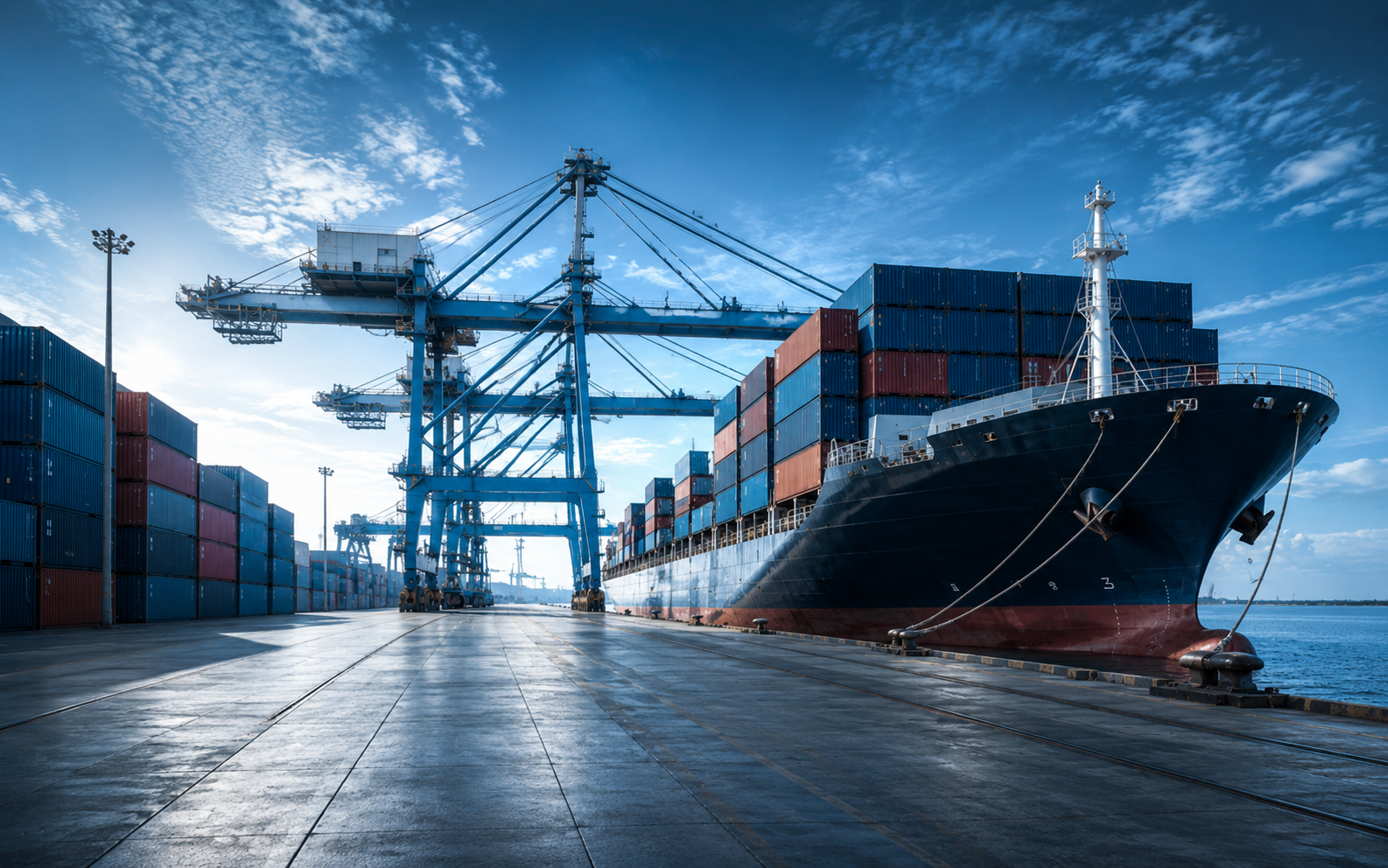 Container ship docked at a port terminal with cranes and stacked containers