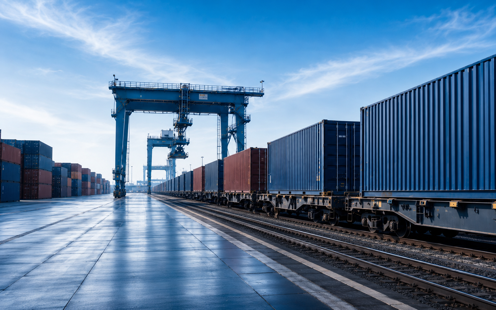 Container rail wagons lined up at an intermodal freight terminal