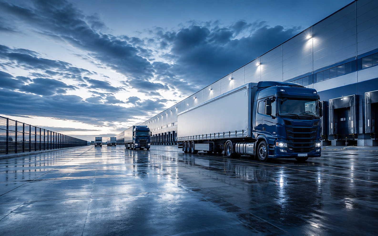 Freight trucks parked outside a modern logistics warehouse
