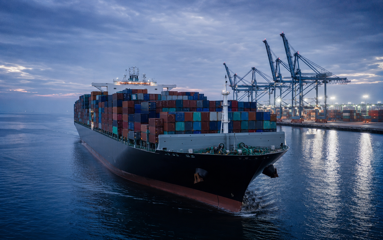 Container ship arriving at a port terminal with cranes at dusk