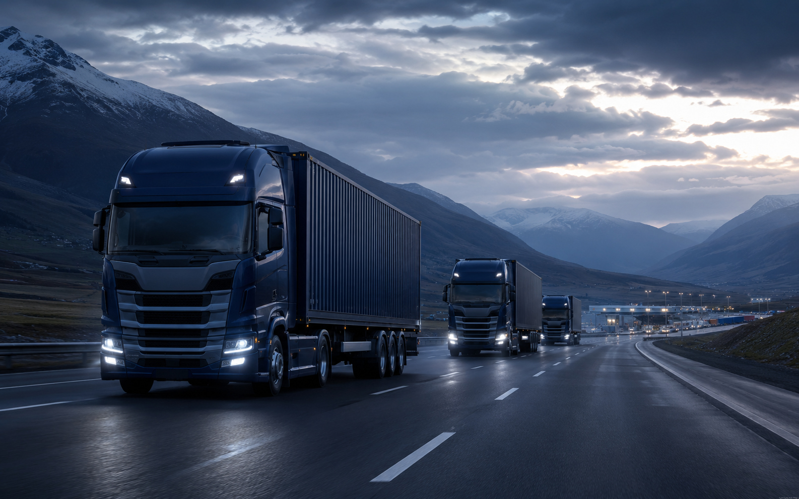Road freight trucks moving along a mountain highway at dusk