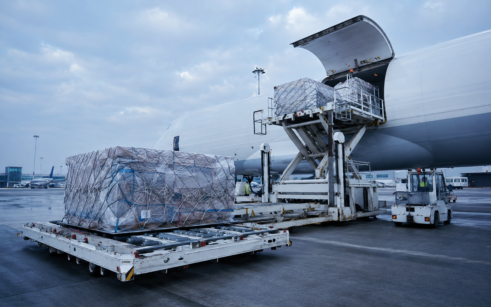 Wrapped air cargo pallets being loaded into a wide-body cargo aircraft