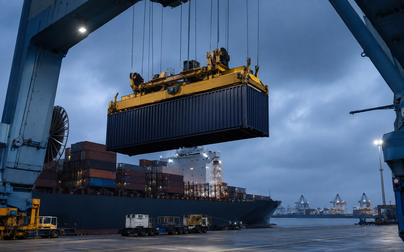 Container being lifted by port crane beside a container vessel at dusk