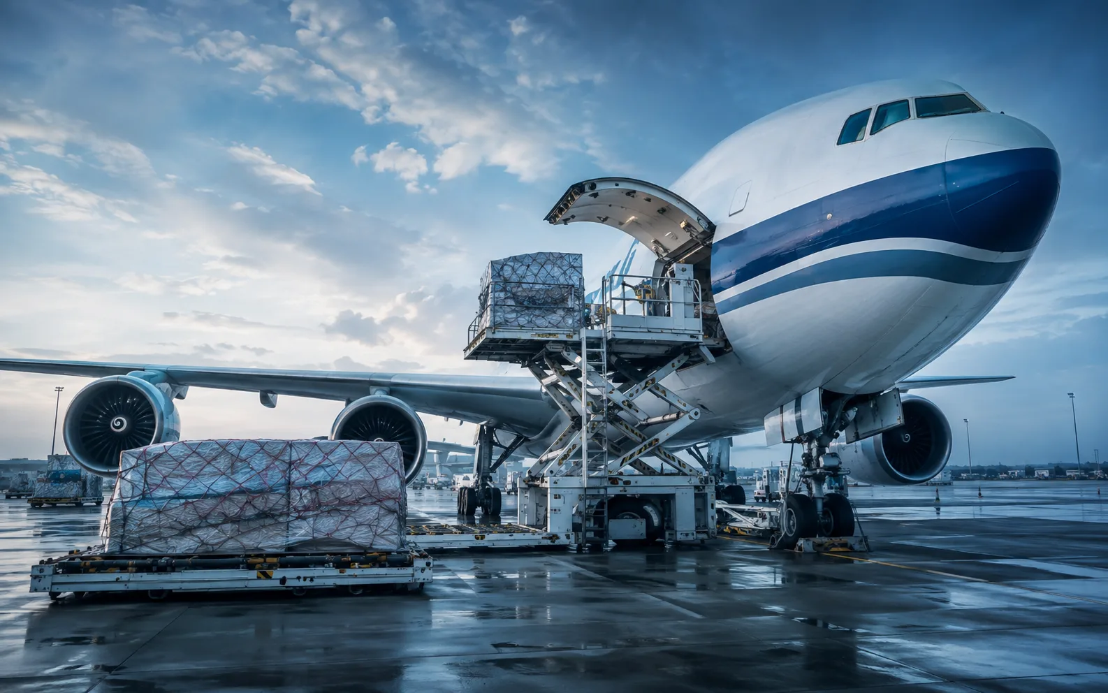 Cargo aircraft being loaded with palletized air freight