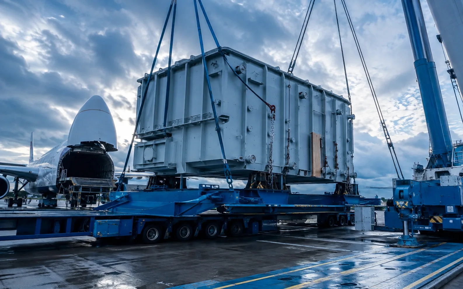 Oversized industrial cargo being lifted near a cargo aircraft