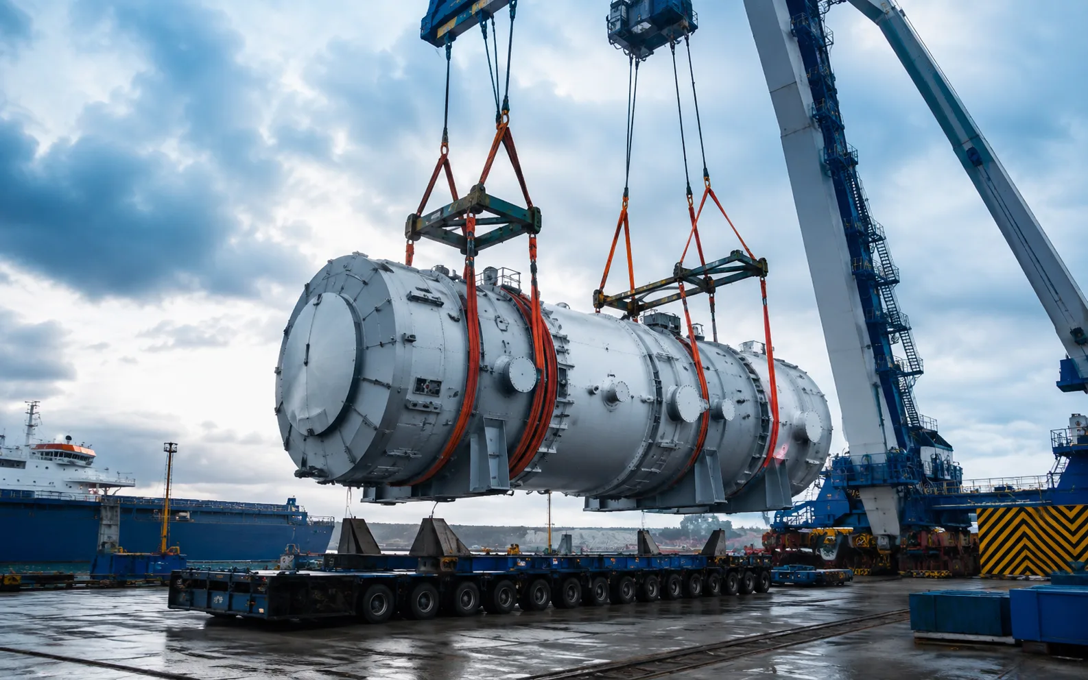 Oversized cylindrical industrial cargo lifted by cranes