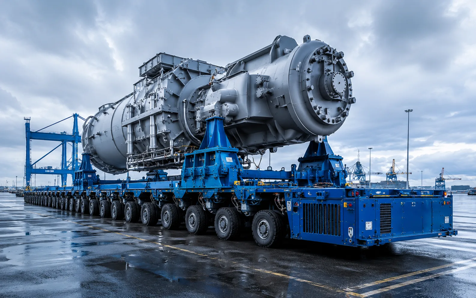 Large industrial equipment secured on a multi-axle transport platform
